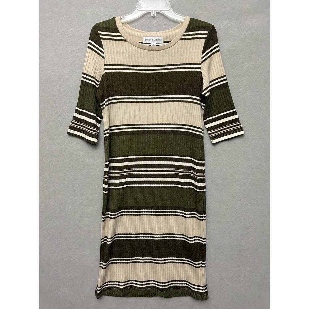 Emma & Michele Women 12 Maxi Dress Green Striped Y2K Bodycon Ribbed Knit 90s